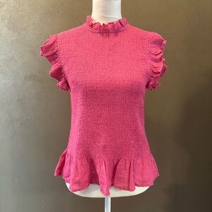 Pink rouched short sleeve top, size Small, button closure